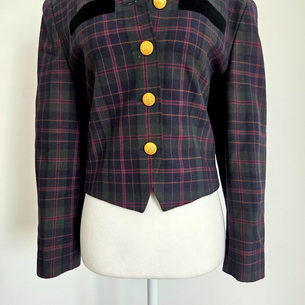 Vtg Wool Plaid Blazer Size 8P Velvet Trim Gold Button Old Money Heritage‎ Preppy - Picture 4 of 15